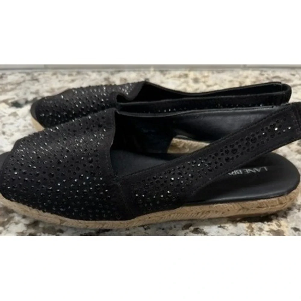 Lane Bryant Womens 9W Black Rhinestone Espadrille Slingback Peep Toe Flat Sandal